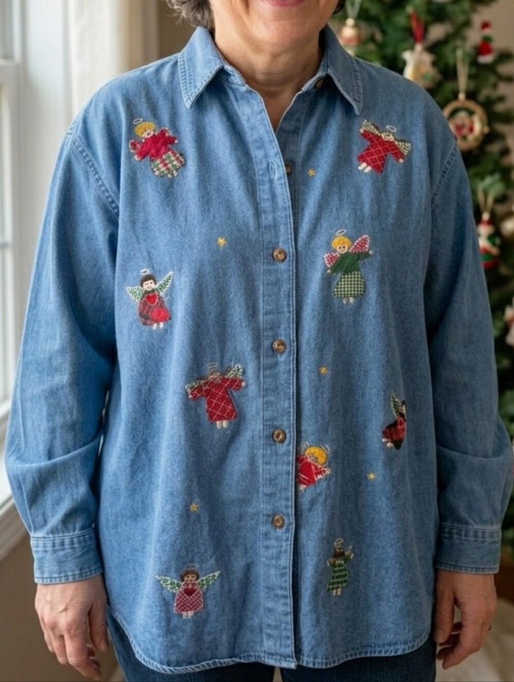 Vintage Victoria Jones Embroidered Christmas Angel Denim Cotton Button Down 24W
